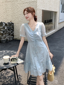 浅蓝色法式精致刺绣V领连衣裙女2026夏季新款巨好看气质减龄图片