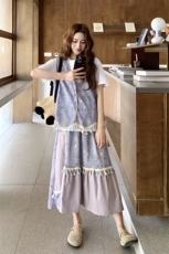 紫色巨好看流苏马甲套装裙女2025夏季新款设计感T恤半身裙三件套，女装套装/套裙，2C317