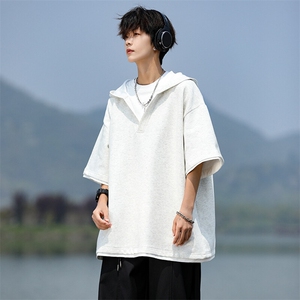 8XL-M假两件短袖卫衣连帽t恤男夏季薄款宽松大码学生半袖DT007P48图片