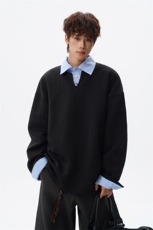 麦穗肌理感衬衫领拼条纹假两件卫衣大码上衣POLO衫外套LW618特P45，男装Polo衫，电商B215