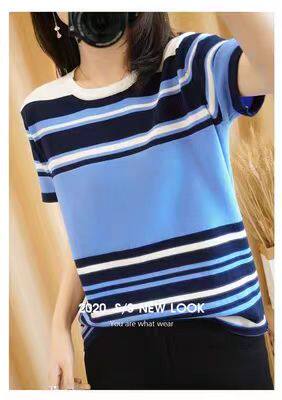 25新款针织短袖女短款纯棉条纹圆领彩条T恤韩版减龄显瘦时尚百搭，女装T恤，阁惠羊绒