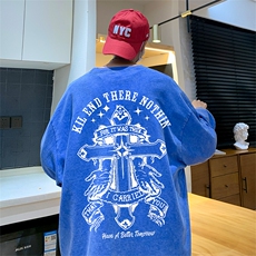 直播品质重磅纯棉美式蜡染水洗做旧潮牌宽松长袖t恤CT358特P38，男装T恤，电商A486
