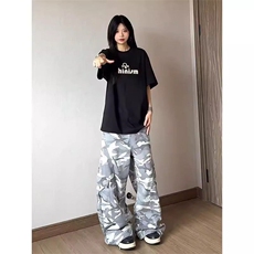 高街个性遮肉灰白迷彩水洗弯刀牛仔裤女春秋季新款宽松拖地牛仔裤，男装牛仔裤，星座506A