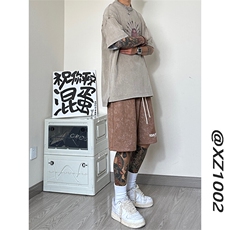麂皮绒~扎染短裤重工艺发泡字母休闲五分裤XZ1002-K153-P45控58，男装牛仔裤，星座908