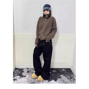 小众个性标语字母牛仔裤女男冬季宽松廓形弯刀休闲裤慵懒风微喇裤图片