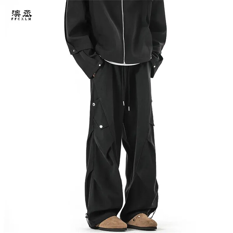 黑色双褶A字高腰阔腿裤男款高级感垂坠感西裤cleanfit宽松休闲裤,男装工装外套,星座1013-1