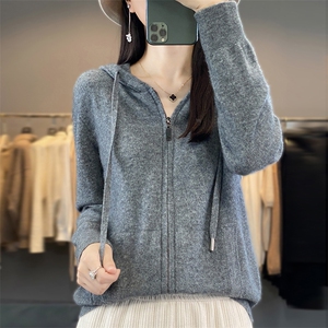 25秋冬新款100%纯羊毛开衫女连帽拉链带兜外套毛衣宽松羊绒衫外搭图片