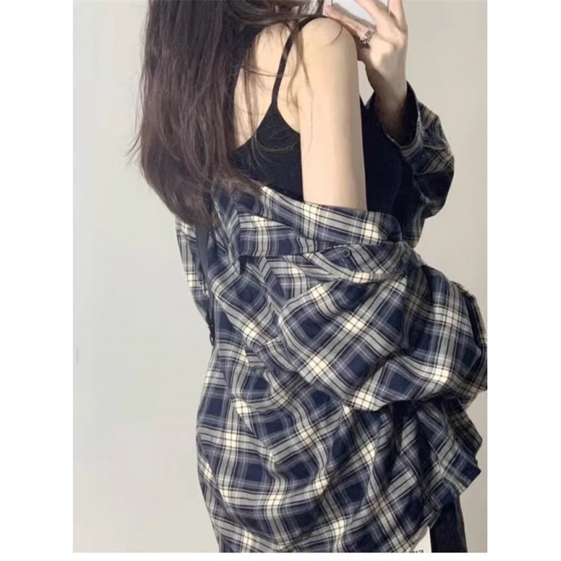 现货秋季复古格子衬衫女外套开衫设计感宽松小个子上衣LC011-P35,男装衬衫,星座1008