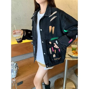 887-P52彩色涂鸦牛仔外套女春秋新款大码胖MM设计感小众