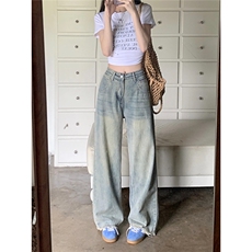 复古宽松阔腿牛仔裤女2025新款美式高腰显瘦百搭垂感拖地直筒裤子，男装牛仔裤，星座1210-1