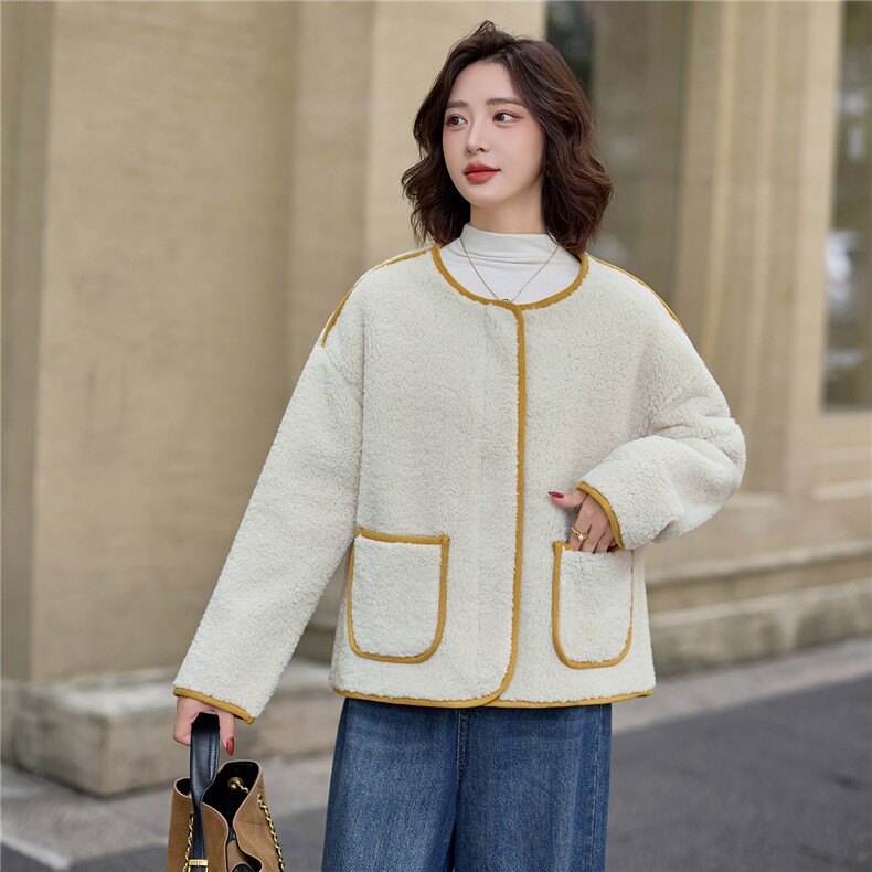 撞色包边圆领羊羔毛外套女2025冬季加厚保暖宽松皮毛一体棉服上衣,女装羊羔毛/颗粒绒,魅影