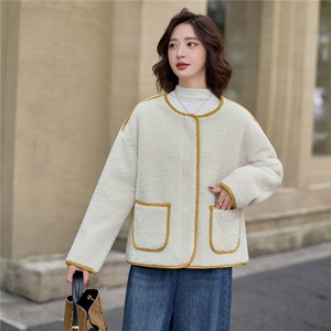 撞色包边圆领羊羔毛外套女2025冬季加厚保暖宽松皮毛一体棉服上衣图片