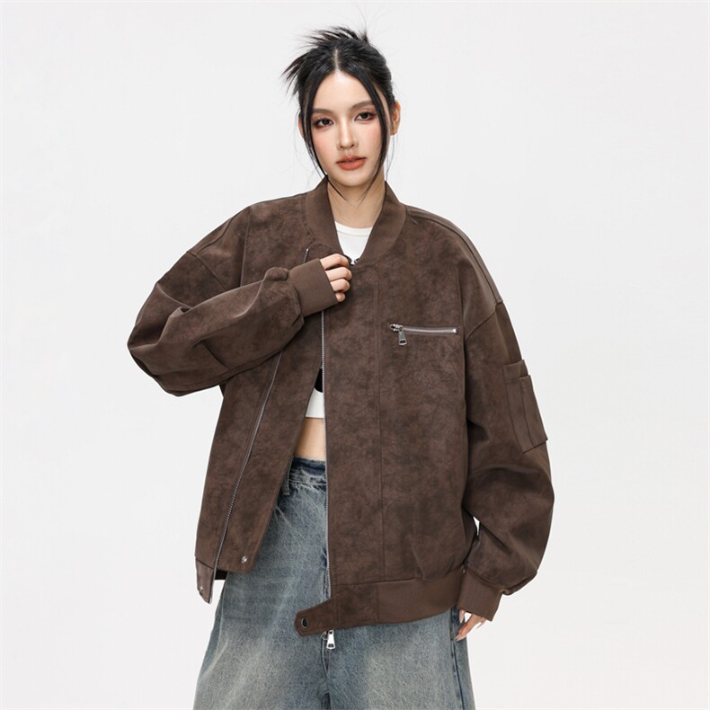 2025秋冬休闲百搭纯色棒球领夹克绒感皮衣外套男女同款XY2505-P66，男装皮衣，星座717