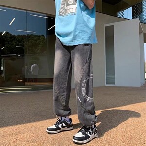 美式vibe束脚牛仔裤男直筒宽松小众设计高街ins潮阔腿裤NK458-P45图片
