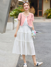 时尚蕾丝花边设计感短外套两件套2025夏季新款白色背心连衣裙套装，女装套装/套裙，慕依路