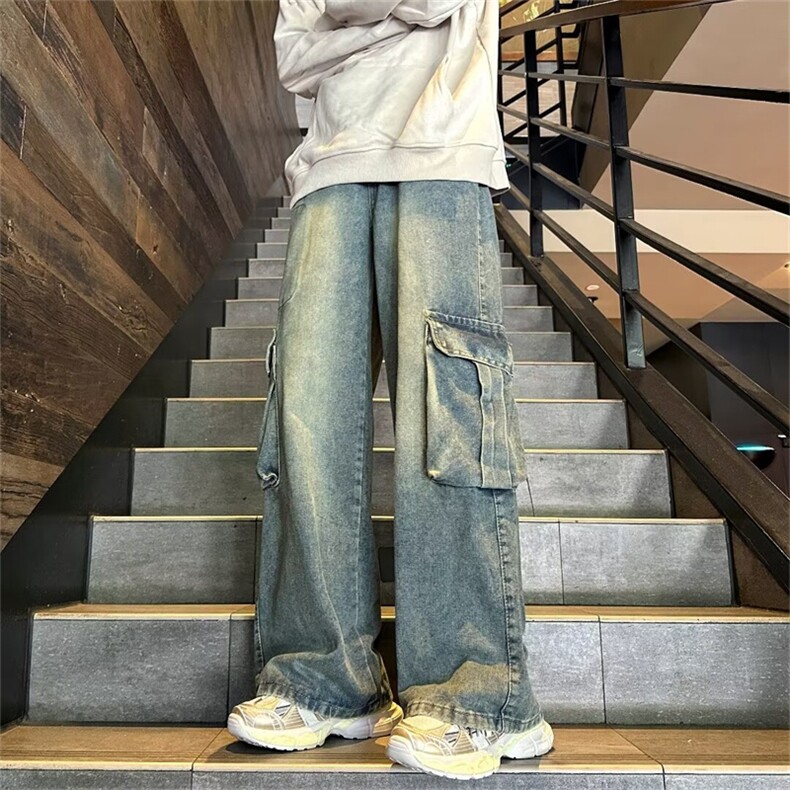 美式复古小众计怀旧水洗做旧牛仔裤男女阔腿工装长裤20110-p52图片