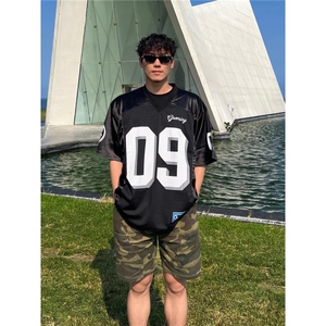 T214-P37 夏季时尚网眼短袖透气宽松运动T恤潮牌拼接上衣图片