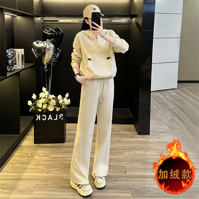 时尚保暖粉色加绒卫衣阔腿裤两件套,女装套装/套裙,江南