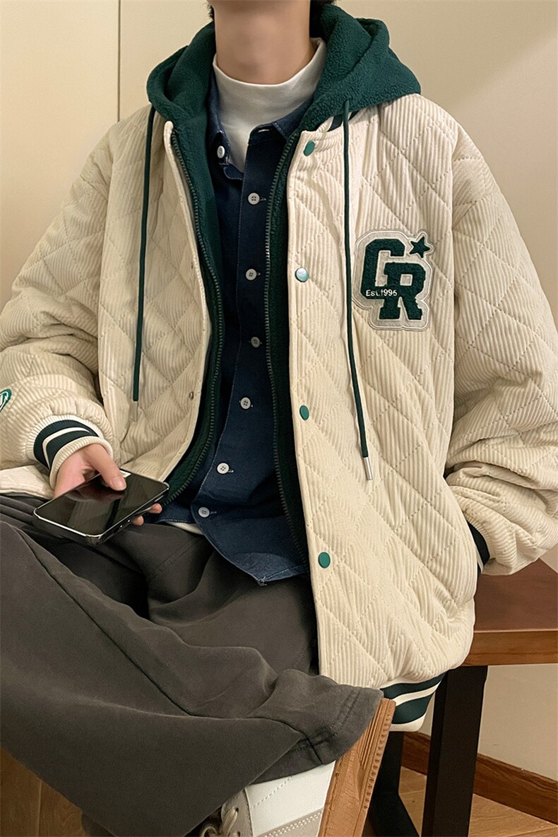 冬款加棉毛巾绣棉服潮假两件休闲连帽外套男士8135-P140控价178,男装棉衣,电商A441-1