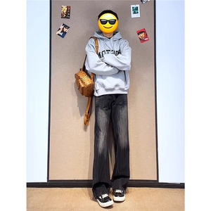 黑色闪电竹节纹牛仔裤男款裤美式显腿长直筒微喇裤NZ579图片