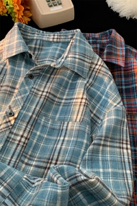 韩版潮流复古格子大码宽松翻领长袖衬衫内搭外套C2170-特P24图片