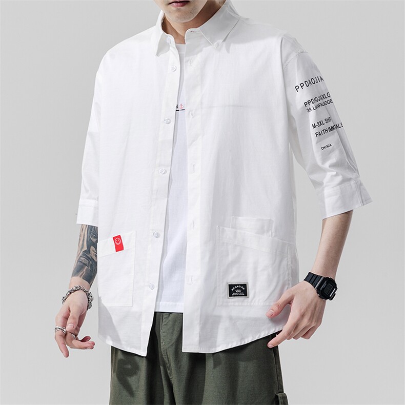2021夏季新日系大码男无影墙个性印花绣标宽松七分袖衬衫C553-P40,男装衬衫,电商A001