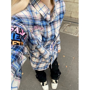 高街潮刺绣字母格子衬衫男高级感小众宽松休闲情侣款防晒衬衣潮图片