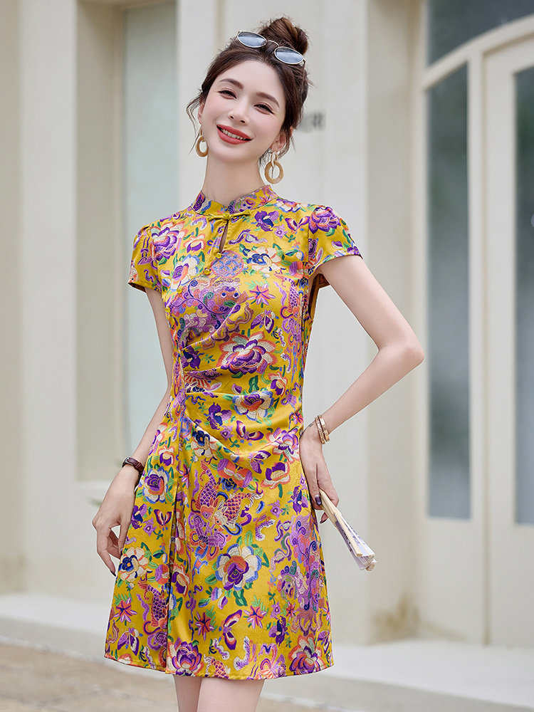 新中式国风提花短裤套装女2025夏季新款修身显瘦改良旗袍裙两件套,女装套装/套裙,众宇琦