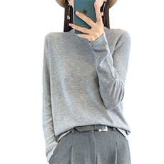 2024秋冬精仿薄款圆领针织打底衫上衣女纯色宽松百搭毛衣配大衣新，女装羊毛衫，佳绒包芯纱店