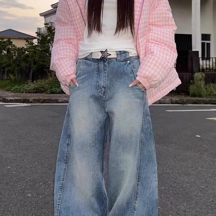 K511-P53大码美式潮水洗弯刀牛仔裤女新款高街阔腿宽松休闲,男装牛仔裤,电商B323A