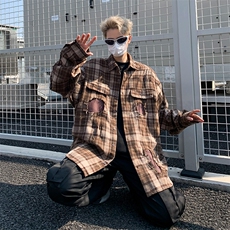 美式复古格子衬衫男宽松春秋休闲百搭外套潮男，男装衬衫，星座716-3
