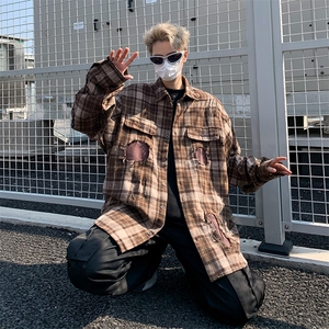 美式复古格子衬衫男宽松春秋休闲百搭外套潮男图片