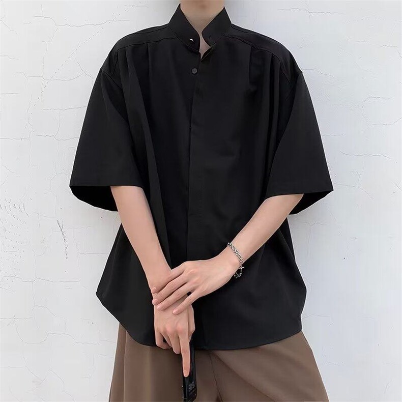 新中式立领短袖衬衫男女夏季冰丝宽松休闲衬衣潮牌设计感痞帅衣服图片