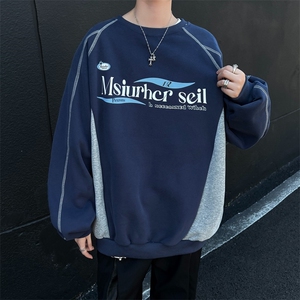 秋季美式上衣oversize宽松复古印花撞色圆领卫衣女潮图片