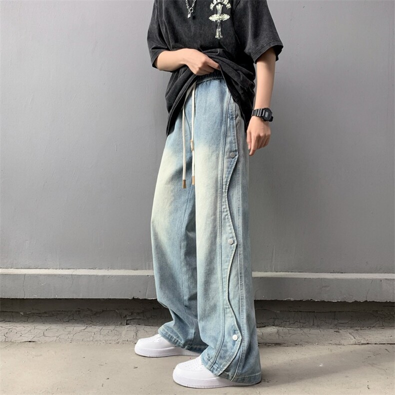 春季2026新款美式拼接弯刀牛仔裤男款宽松阔腿休闲直筒拖地裤长裤,男装牛仔裤,星座1210-1