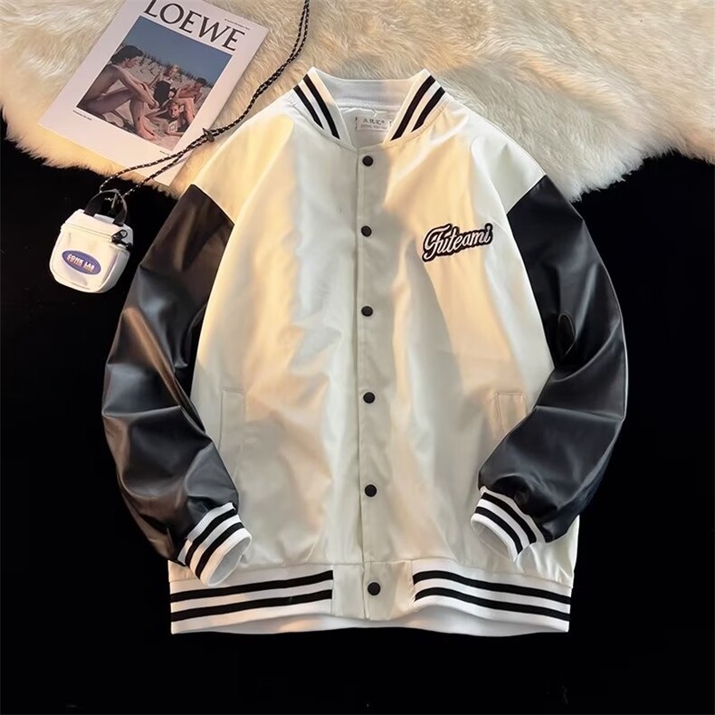 港风ins潮流宽松休闲夹克春季潮牌PU皮棒球服外套男 W6921-P53图片