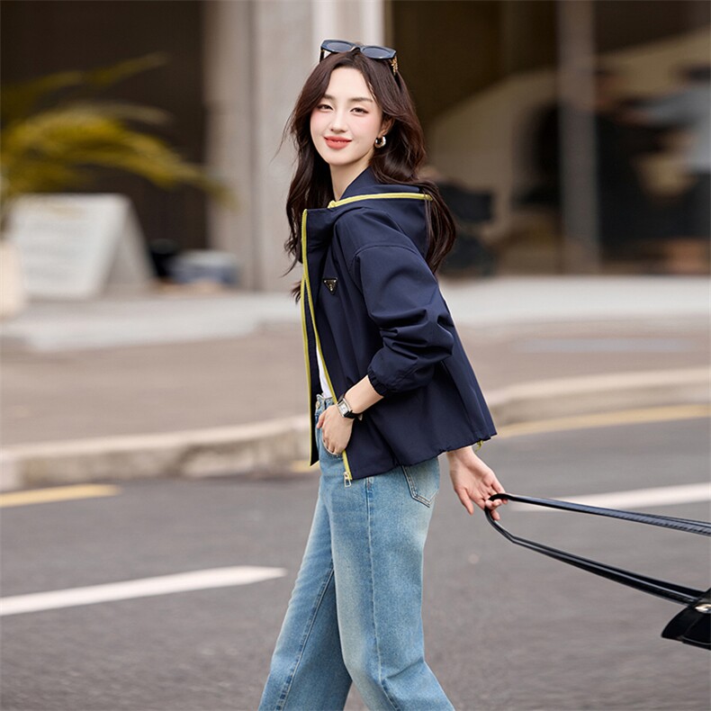 休闲时尚外套女春秋2025年新款小个子短款连帽夹克风衣,女装短外套,诺蝶