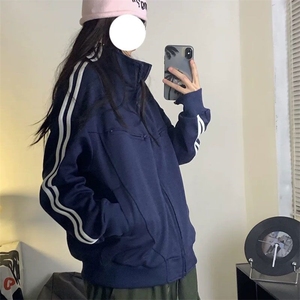 美式小众双拉链开衫立领卫衣女2025春秋新款宽松百搭双杠分割外套图片