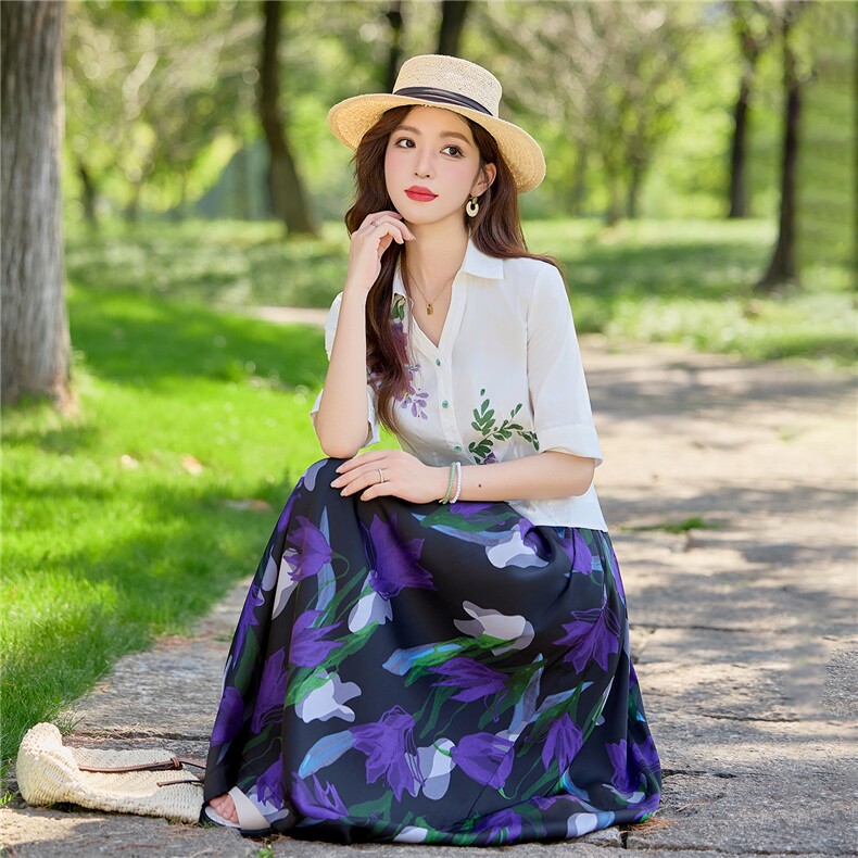 高级感独特印花套装女士2026夏季新款五分袖衬衫半身裙穿搭两件套,女装套装/套裙,水衣源
