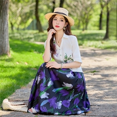 高级感独特印花套装女士2026夏季新款五分袖衬衫半身裙穿搭两件套，女装套装/套裙，水衣源