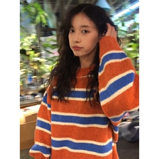 MM150-P68韩版学院风撞色条纹针织秋冬毛茸宽松圆领学生套头毛衣，女装针织衫/毛衣，星座617A-2