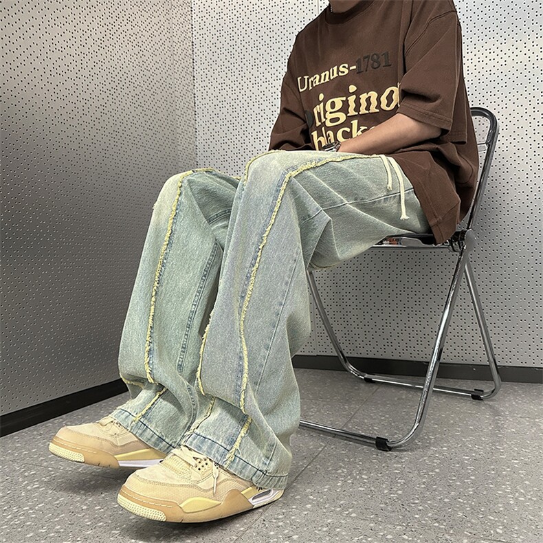 K64-P42美式宽松型毛边拼接牛仔长裤,男装休闲裤,星座1501-1