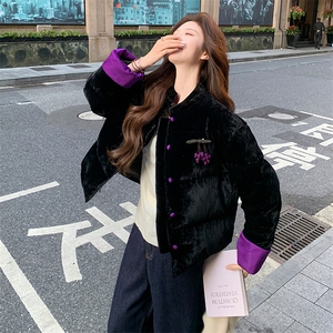 现货！（90新标带检）丝绒料新中式短款立领加厚保暖气质羽绒服女图片