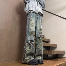Rocawear24年秋重工水洗乱针绣破洞牛仔拼迷彩长裤【小鬼同款】，男装牛仔裤，星座813-2