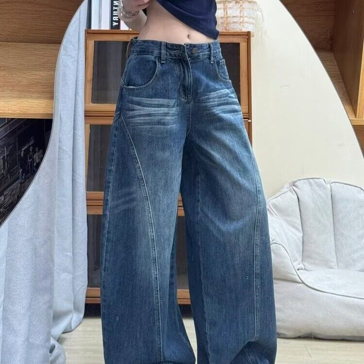 复古阔腿牛仔裤女秋冬季新款高腰显瘦高个子宽松垂感直筒拖地裤子,男装牛仔裤,星座506A