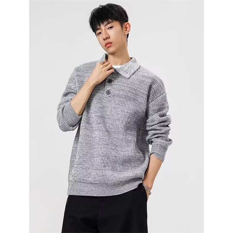 网络图慵懒风休闲轻奢翻领男polo衫简约纯色细条磨毛针织毛衣,男装针织衫/毛衣,星座410-7