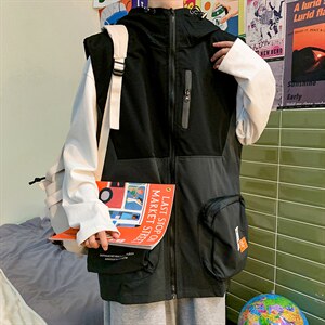 7XL~M 2021秋季新款港风文艺男连帽机能工装马甲无袖背心大码控88图片