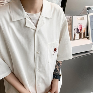 港风2026夏季新款刺绣花短袖衬衫潮男装情侣冰丝半袖衬衣S313P48图片