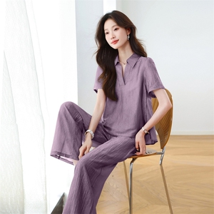 时尚通勤V领阔腿裤两件套女2025年夏季新款气质显瘦减龄休闲套装图片
