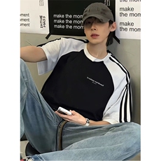 抖音得物品质二开240克宽松纯棉美式潮牌插肩三杠织带短袖T恤，男装T恤，电商A486